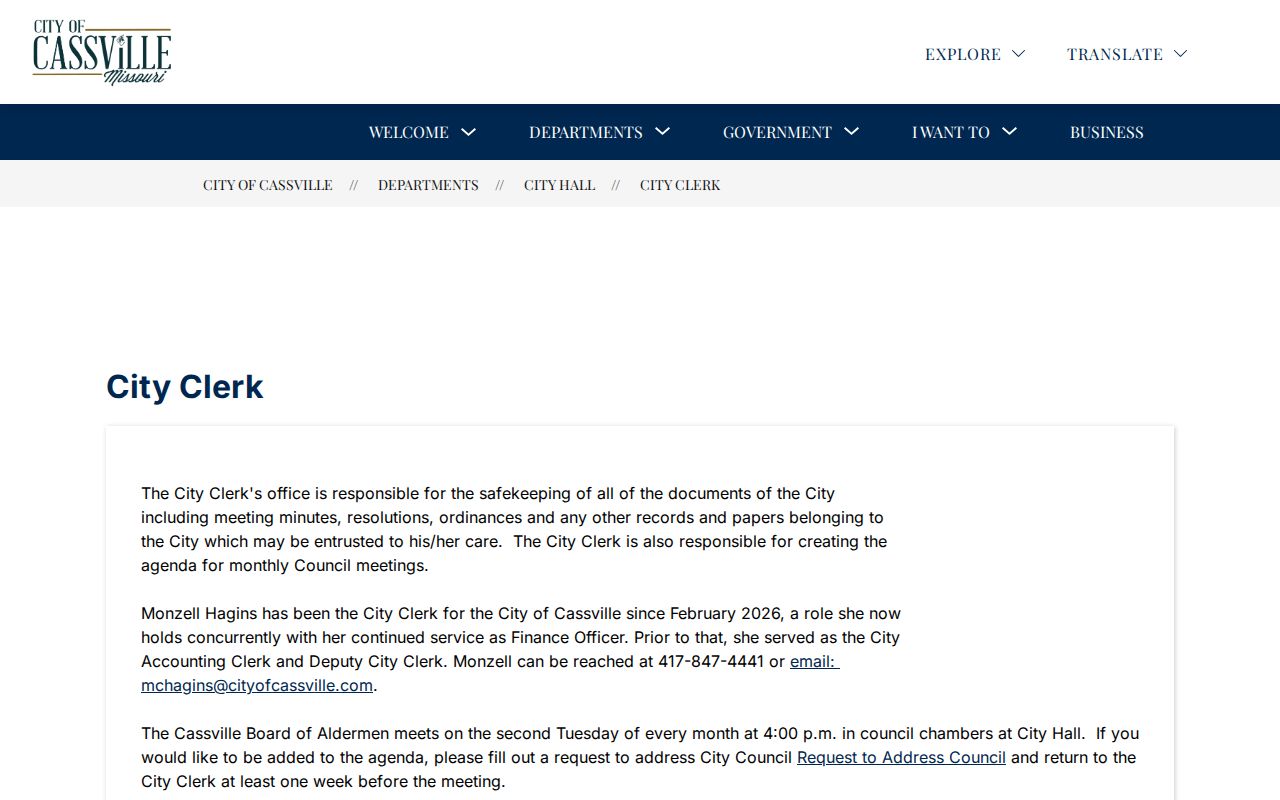 Cassville City Clerk record-custodian reference for city records