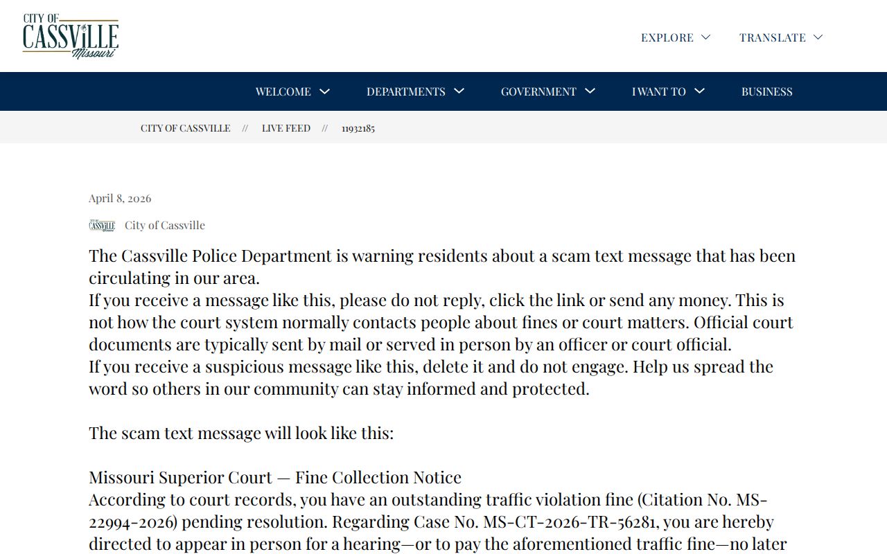 Cassville official warning about fake court-payment messages and links