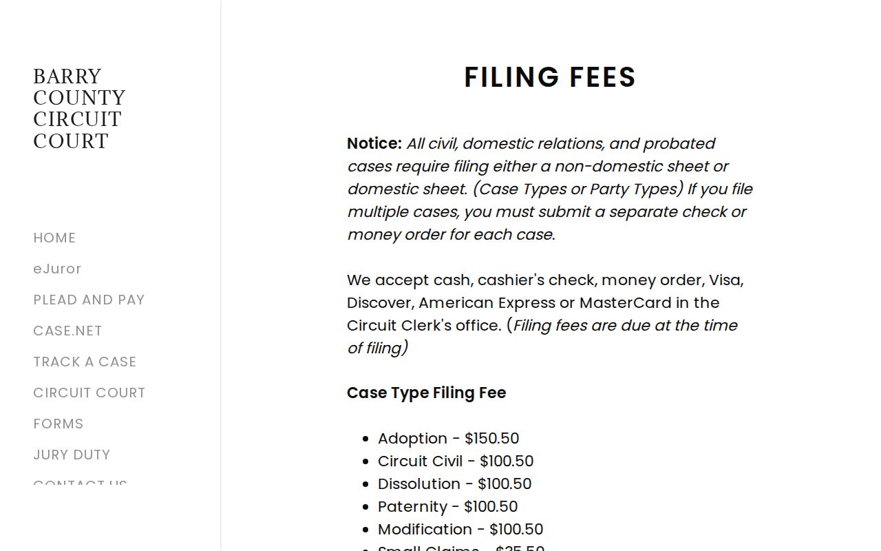 Barry County civil court docket filing fee source